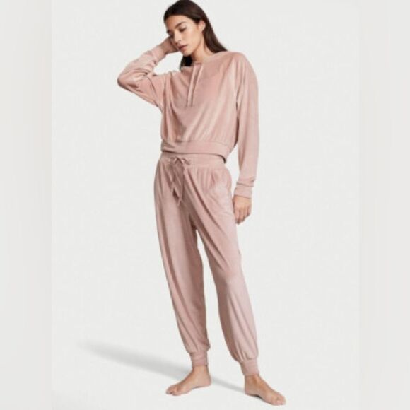Victoria's Secret XS TRACKSUIT SET Hoodie+jogger pants beige MAUVE VELOUR ribbed - Picture 1 of 6